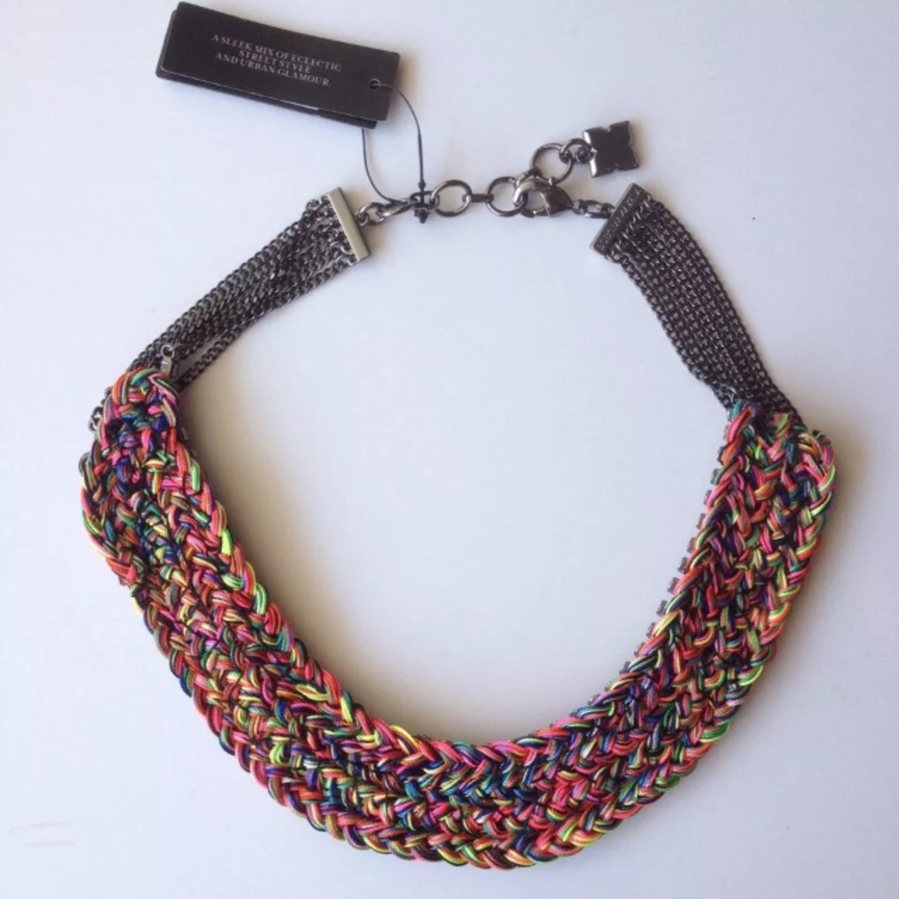 BCBG NECKLACE FAUX DIAMOND NEON RAINBOW THREADS - Picture 2 of 2